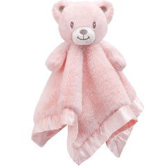 BEILIMU Baby Bear security blanket closeup shows ultra-soft minky pink fabric for cozy cuddles.