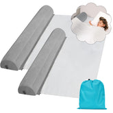 BeiliuDevise inflatable bed bumpers 2-pack on bed for safe toddler sleep while traveling.