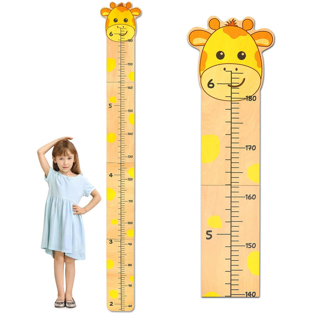 Beinou growth chart wall yellow giraffe closeup shows natural wood texture for cozy decor.