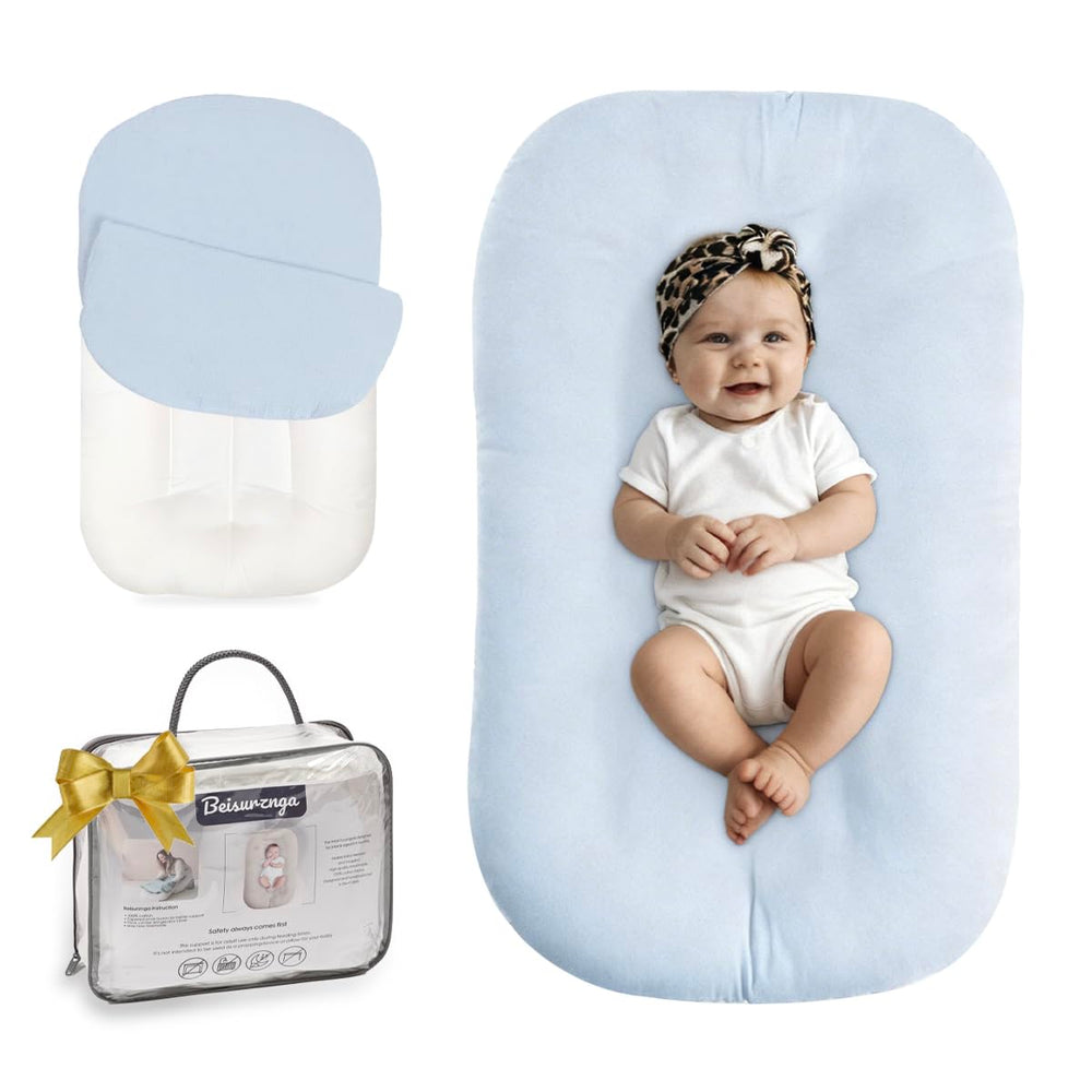Beisurznga Baby Lounger blue overview demonstrates a cozy spot for supervised play