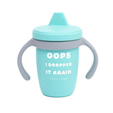 Bella Tunno Oops I Dropped It Again cup close-up highlights soft silicone spout for gentle sipping.