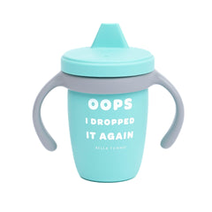 Bella Tunno Oops I Dropped It Again cup close-up highlights soft silicone spout for gentle sipping.