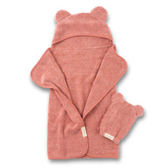 Bella Tunno Watermelon hooded towel closeup shows soft, absorbent fabric for gentle drying.