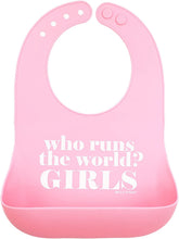 Bella Tunno Who Runs The World bib front view demonstrating crumb-catching design for mess-free meals.