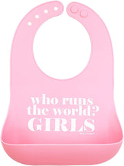 Bella Tunno Who Runs The World bib front view demonstrating crumb-catching design for mess-free meals.