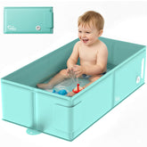Bella's Friends collapsible bathtub folded in a cabinet for space-saving storage