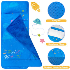 Bella's Friends nap mat shows soft minky blanket for cozy nap times.