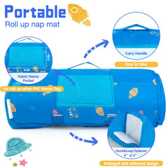 Bella's Friends nap mat highlights the wide hook-and-loop fastener for quick setup.
