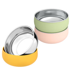 Bella's Friends stainless steel bowls on table; durable 3-pack for family meals.