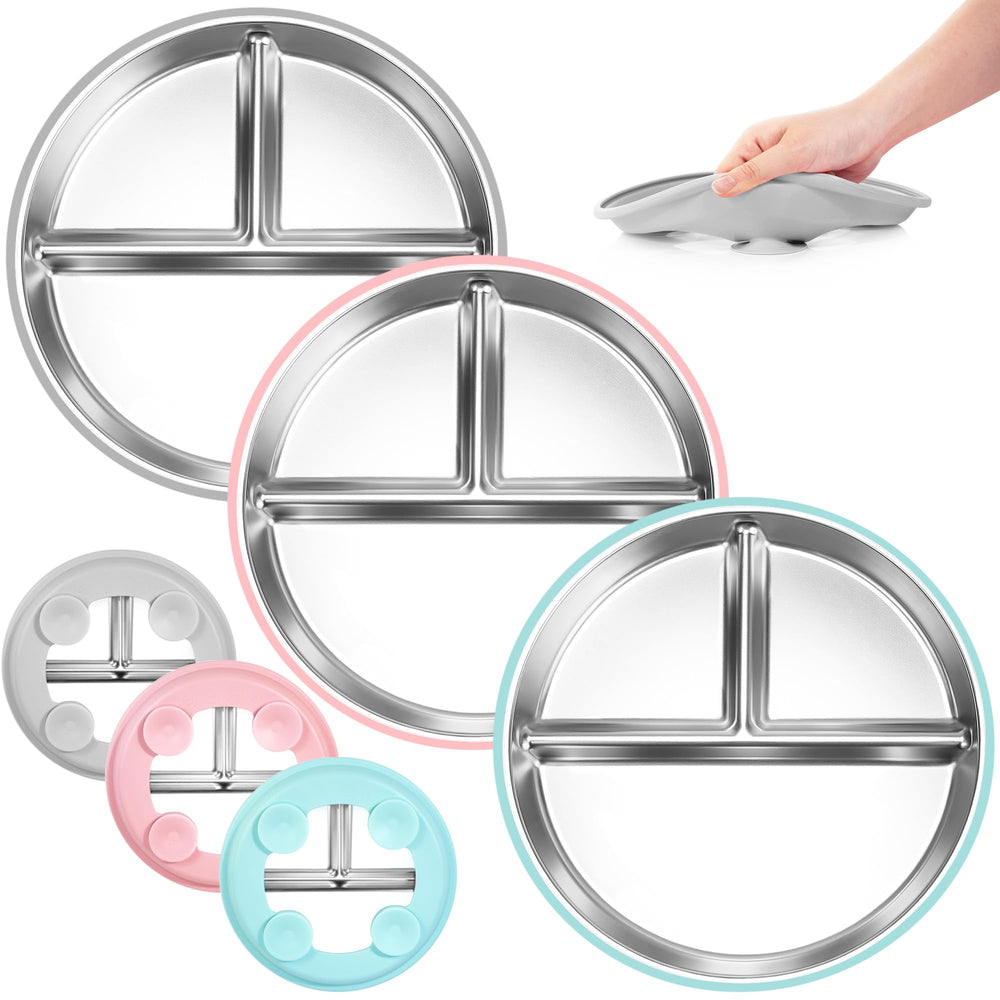 Bella's Friends stainless steel toddler plates with suction keep meals tidy.