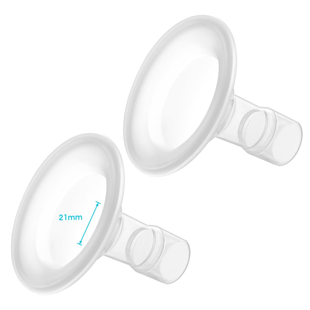 Belmikal 21mm flange close-up showing comfortable fit for pumping sessions.