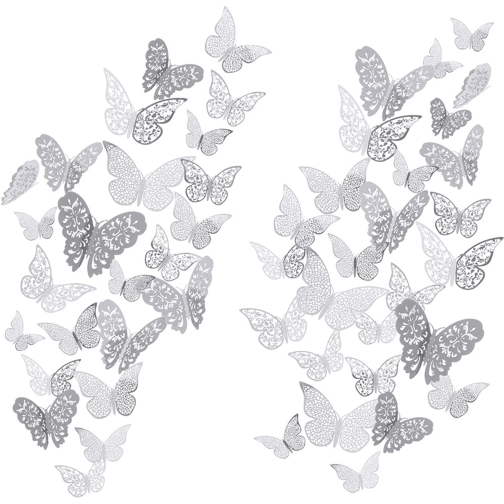 Bememo 72-piece 3D butterfly wall decals in silver add a shimmering wall accent.