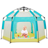 Bend River Baby Playpen canopy setup protects infant from sun during outdoor use.