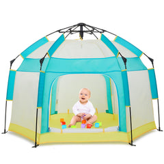 Bend River Baby Playpen canopy setup protects infant from sun during outdoor use.