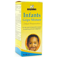 Benjamin's Infants Gripe Water bottle image shows gentle gas relief for babies.