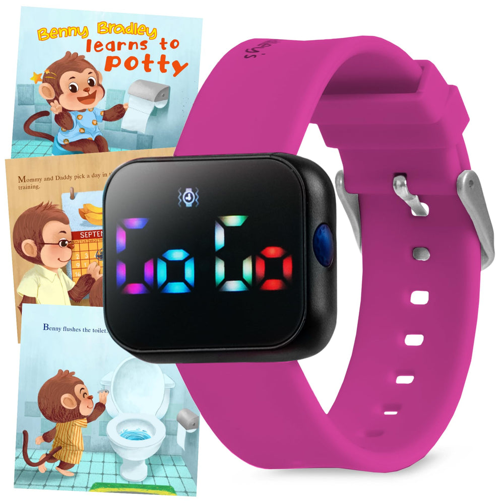 Benny Bradley's Potty Training Watch worn on a toddler's wrist in magenta helps establish reminders.