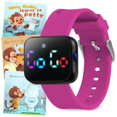 Benny Bradley's Potty Training Watch worn on a toddler's wrist in magenta helps establish reminders.