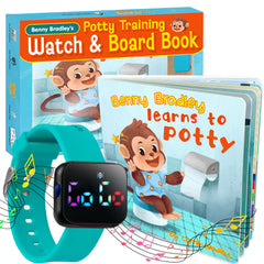 Benny Bradley's Potty Watch turquoise on the wrist, reminding with Wheels on the Bus for timely potty breaks.