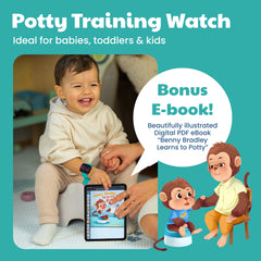 Benny Bradley's Potty Watch turquoise side view highlighting portable toddler wear