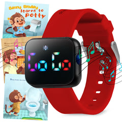 Benny Bradley's Potty Watch V4 crimson face shows a kid-friendly reminder for routines
