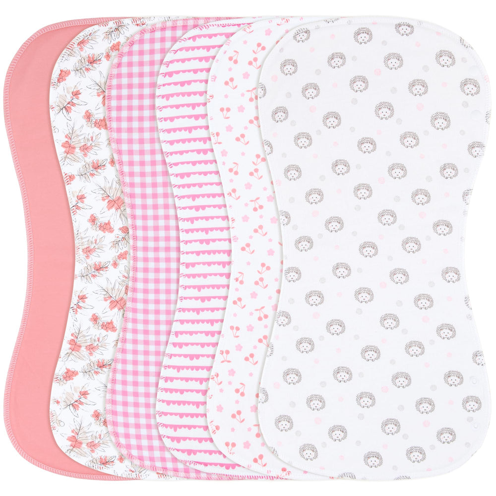 Benoxine six-pack burp cloths with stylish prints protect clothes during feeds