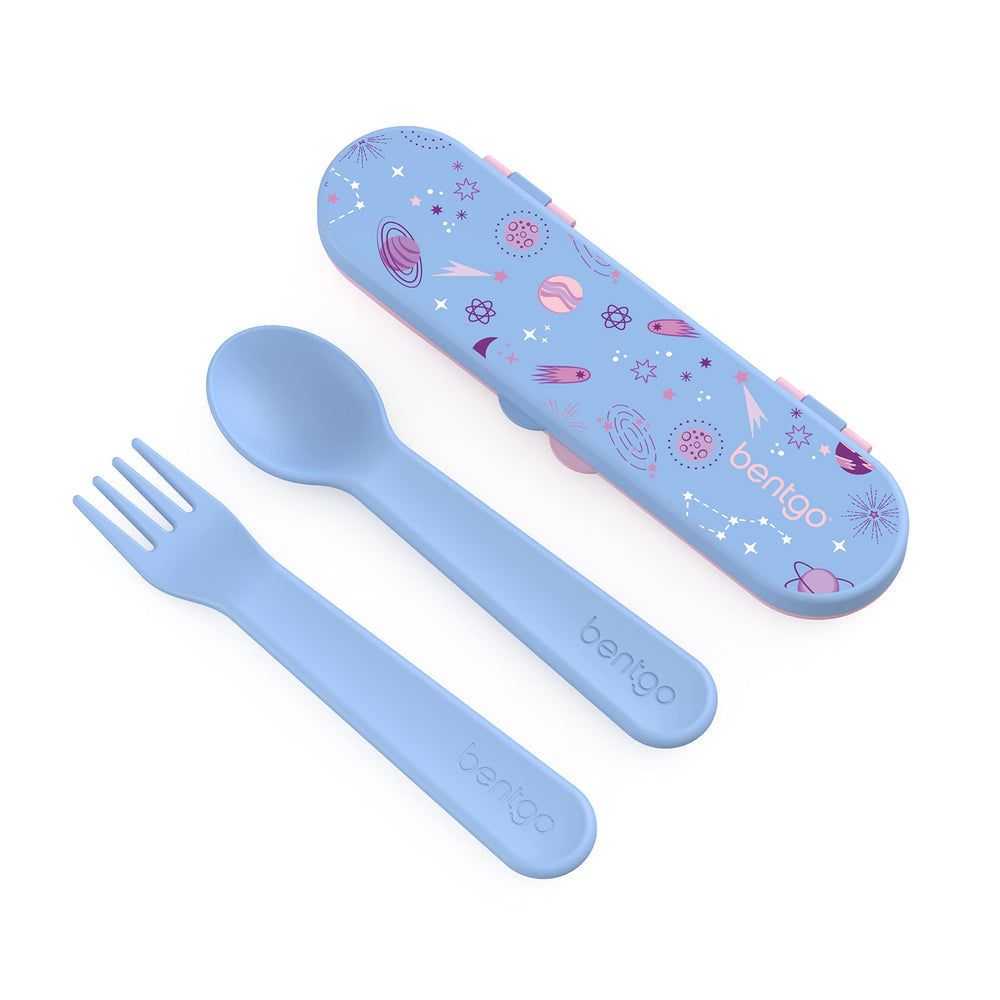 Bentgo Kids lavender galaxy case open showing travel-ready utensils for school lunches