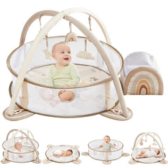 Beright 5-in-1 baby gym rainbow offers a spacious tummy-time play area.