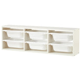 Beright wall storage combination with 6 bins keeps books and toys organized.