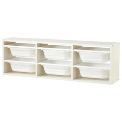 Beright wall storage combination with 6 bins keeps books and toys organized.