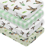 Besaomeom 4-pack mallard duck crib sheets show snug fit with elastic edges.
