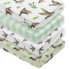 Besaomeom 4-pack mallard duck crib sheets show snug fit with elastic edges.