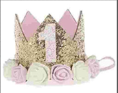 Besker baby birthday crown flower tiara headband with glitter gold for first birthday photos