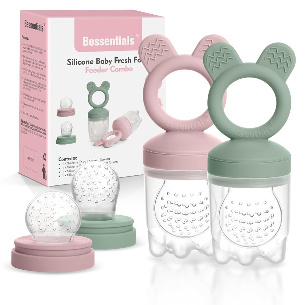 Bessentials Bunny Baby Feeder setup shows safe self-feeding with fruit and veggies.