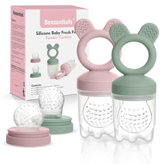 Bessentials Bunny Baby Feeder setup shows safe self-feeding with fruit and veggies.