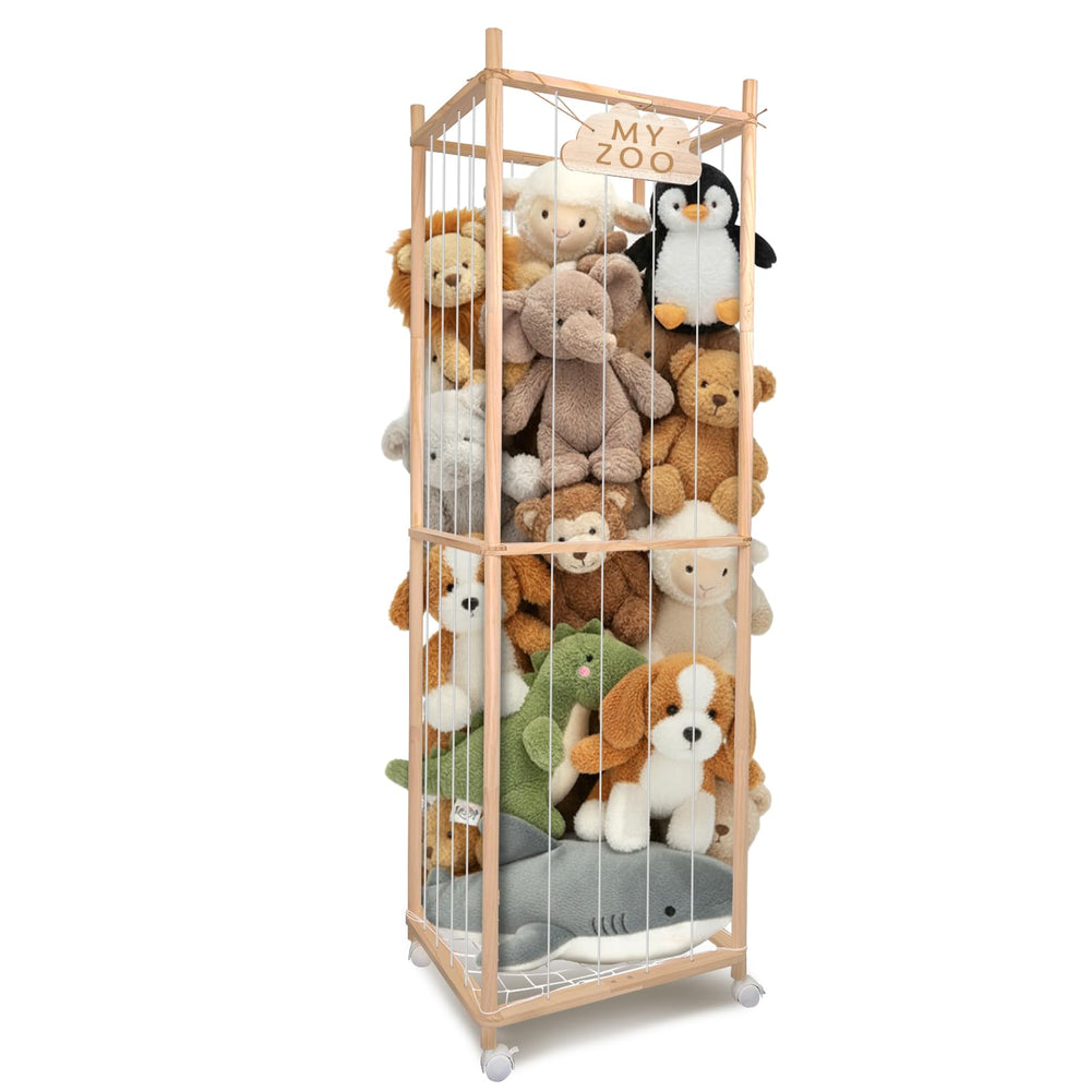 BETBEM stuffed animal storage zoo during assembly showing durable pine wood and wheels