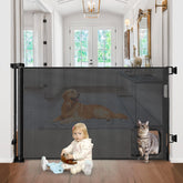 BETERTEK retractable baby gate with cat door closed, safe barrier and pet access.