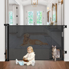 BETERTEK retractable baby gate with cat door closed, safe barrier and pet access.
