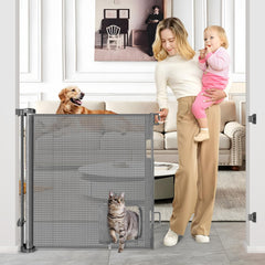 BETERTEK retractable gate cat door setup for a 55-inch wide doorway, flexible pet separation.