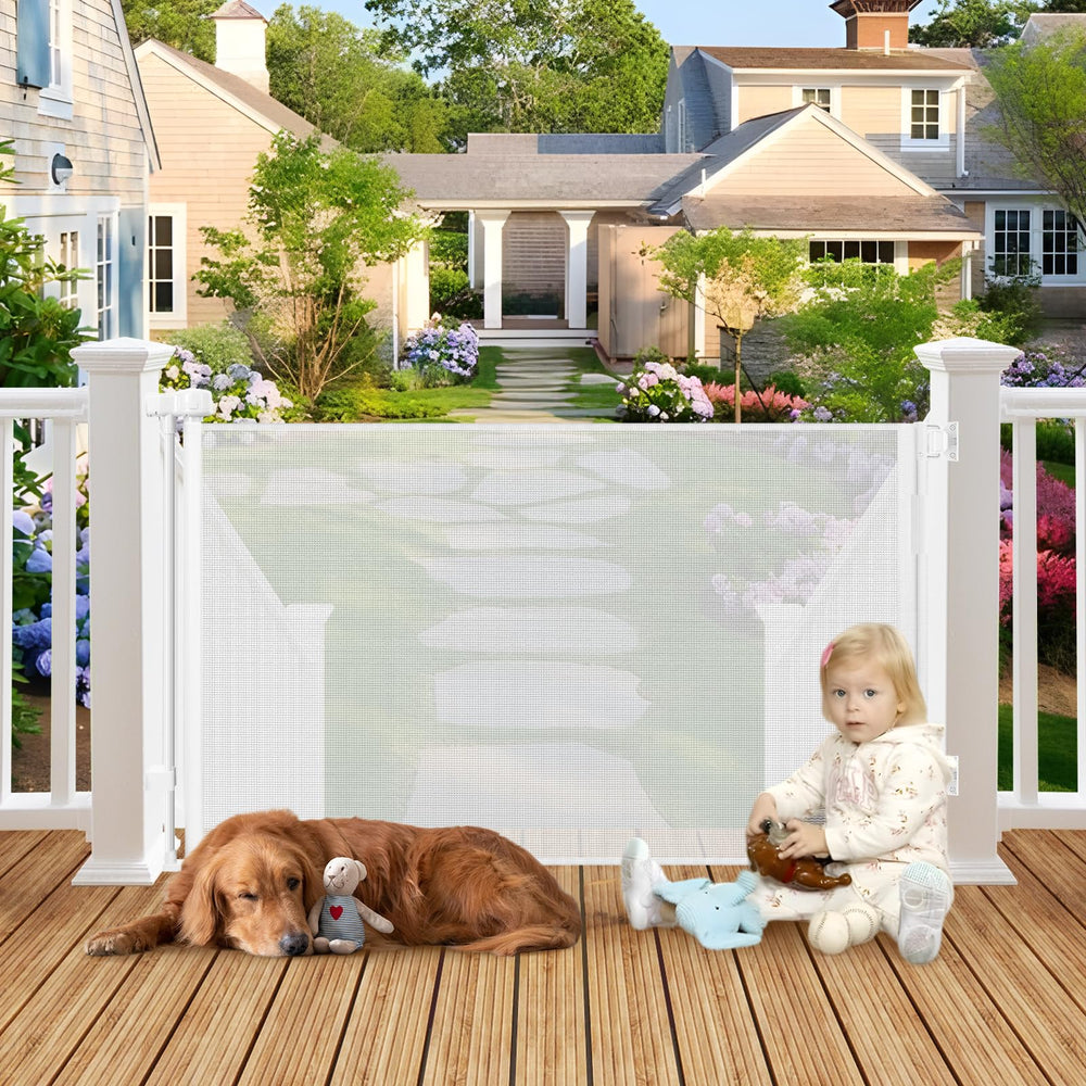 BETERTEK weatherproof retractable gate on a deck with easy one-handed use.