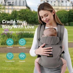 BethBear baby carrier with adjustable waist belt for growing babies