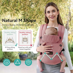 BethBear carrier shows ergonomic M-shape for baby spine and hip alignment in pink