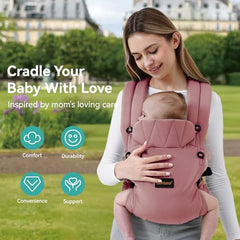 BethBear baby carrier on hip for hands-free versatility in pink