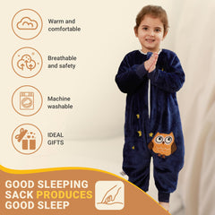 BETTERFUN dark-blue-owl-sleeping-bag-bottom-view highlights roomy crotch for comfortable movement