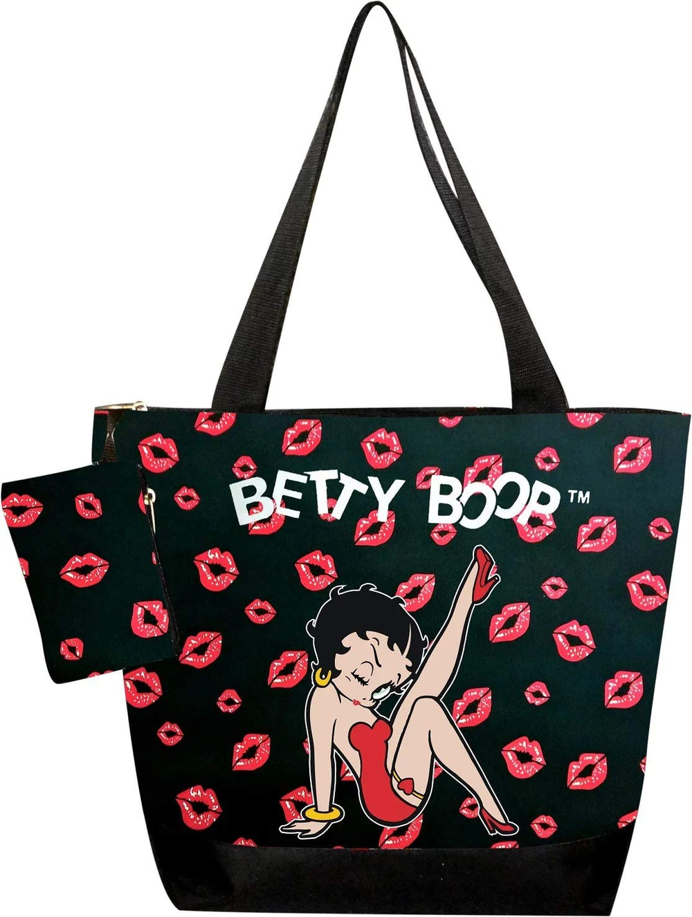 Betty Boop diaper bag tote front view shows polyester construction and organized storage for busy parents.