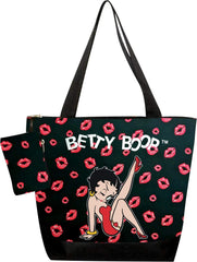 Betty Boop diaper bag tote front view shows polyester construction and organized storage for busy parents.
