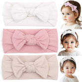 BIANHUAN baby headbands set3 colors closeup showing soft nylon and dual-layer bows.