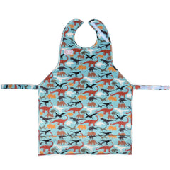 BIB-ON XL dinosaur bib worn during mealtimes for full neck-to-lap coverage.