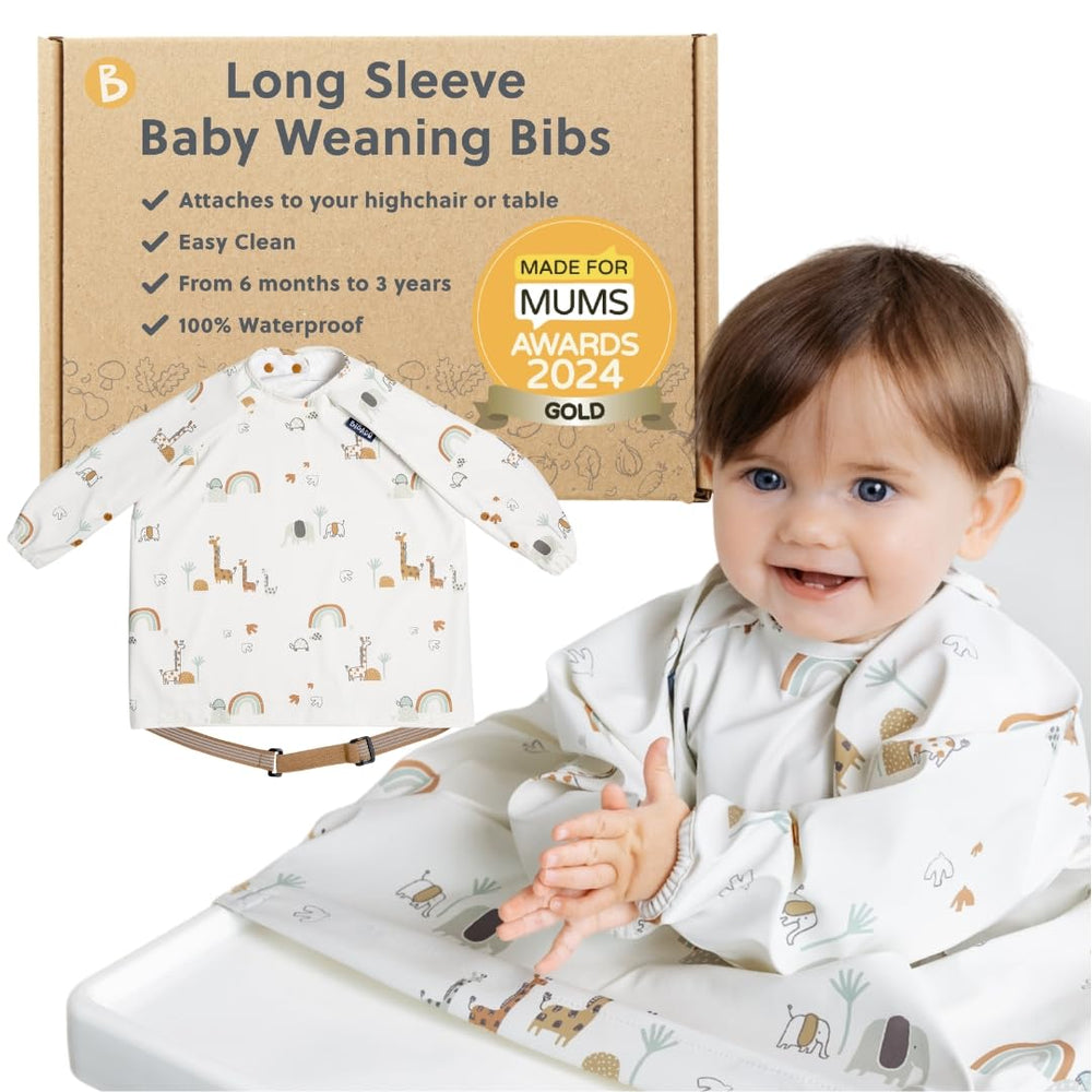 BIBaDO coverall bib on highchair keeps mess contained for stress-free meals.