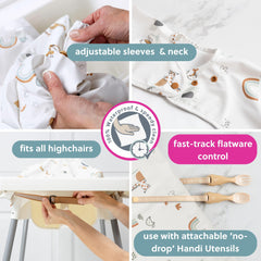 BIBaDO coverall bib used on a table, protecting clothes during meals.
