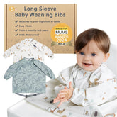BIBaDO long sleeve bib on baby showing mess-free feeding with stay-dry sleeves.